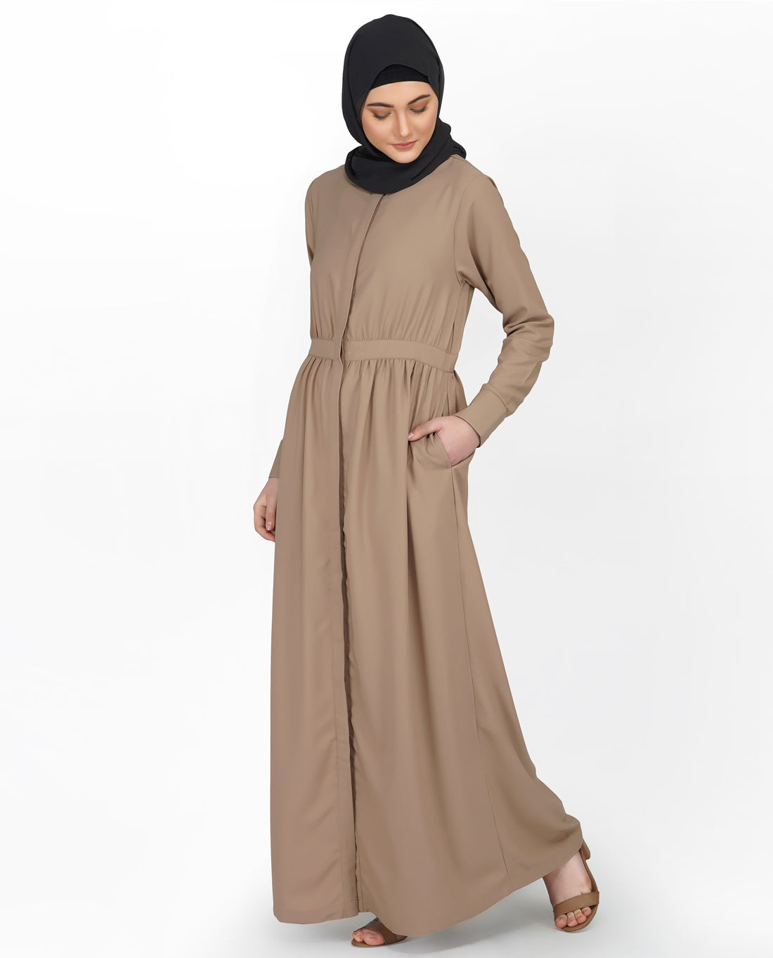 Gathered Waist Full Front Open Abaya