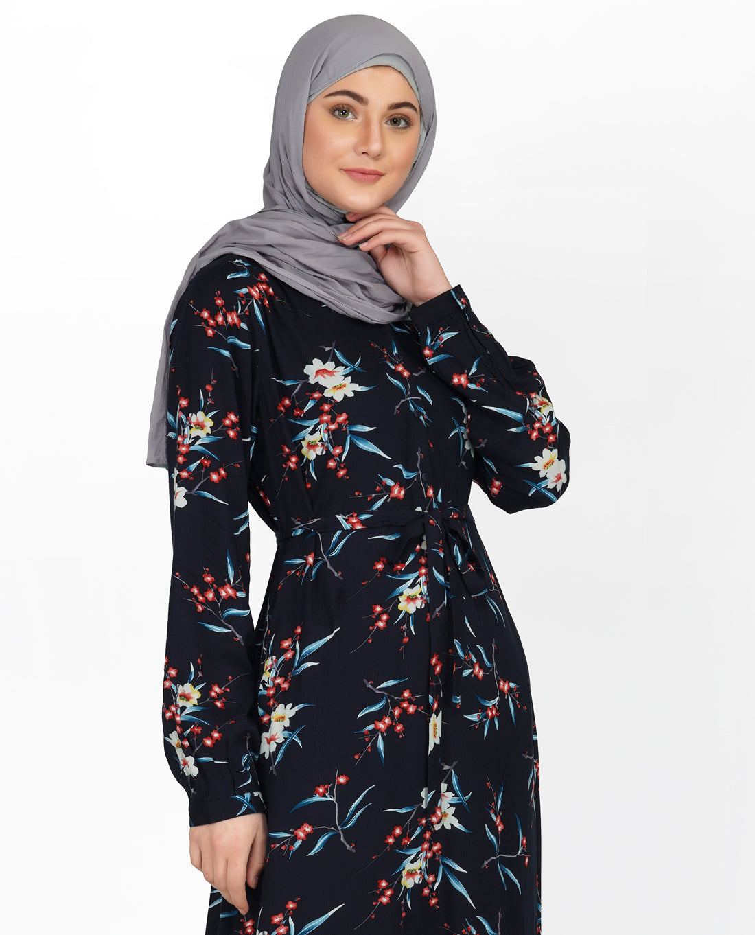 Deep Navy Floral V Neck Abaya