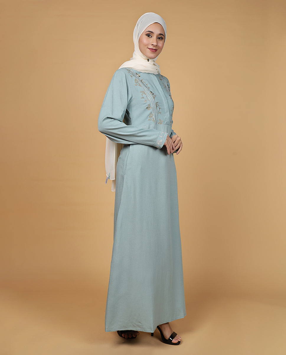 Threadplay Sage Blue Embroidered Abaya