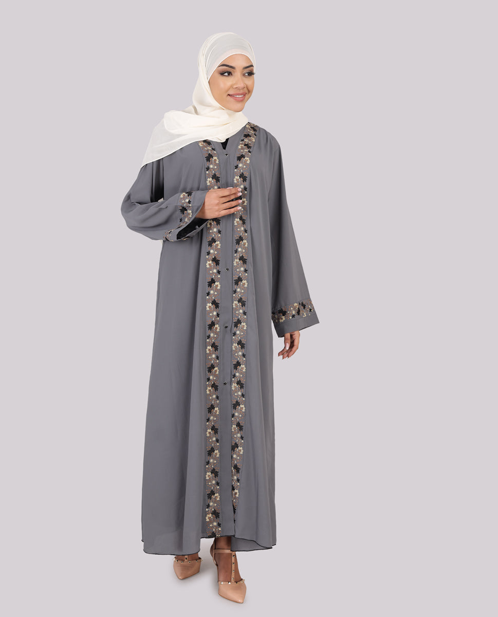 Silver Ash Embroidered Full Front Open Abaya