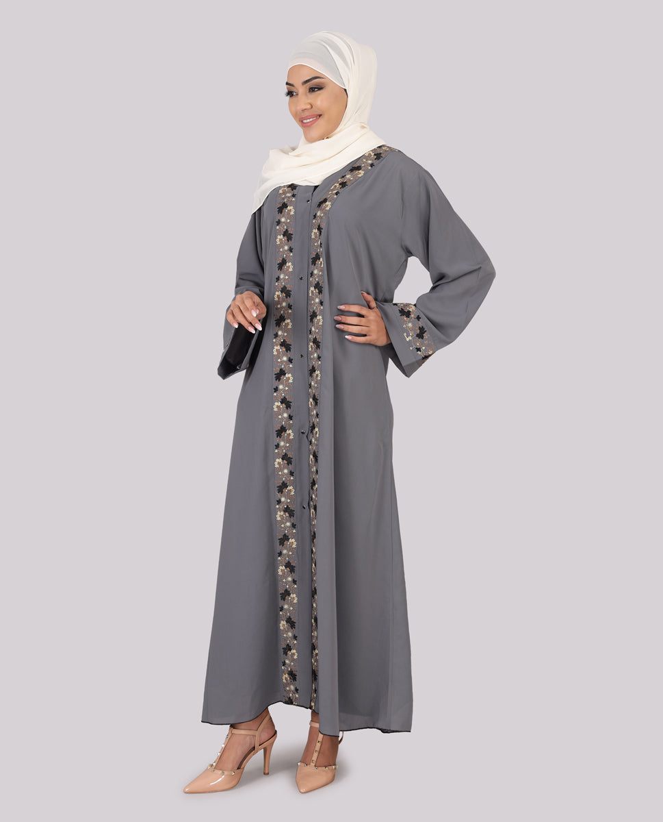 Silver Ash Embroidered Full Front Open Abaya