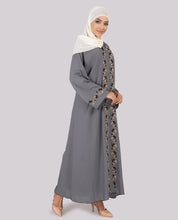Silver Ash Embroidered Full Front Open Abaya