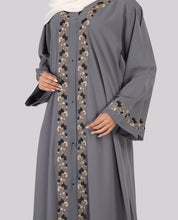 Silver Ash Embroidered Full Front Open Abaya