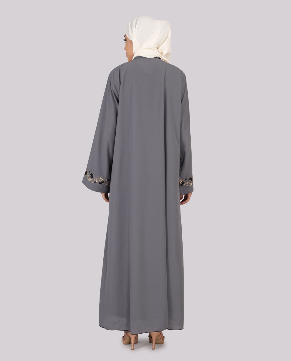 Silver Ash Embroidered Full Front Open Abaya