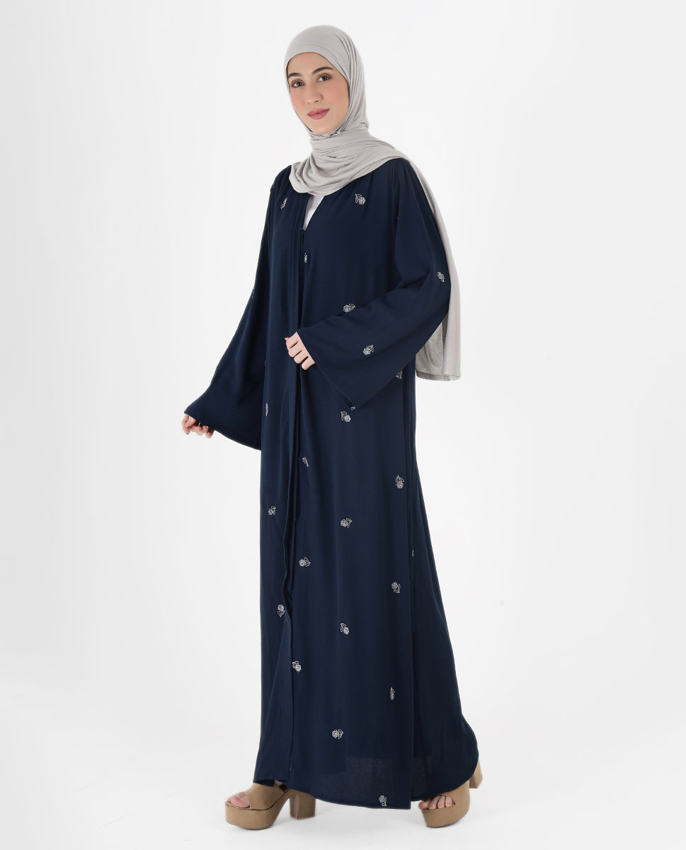 Navy Blue Floral Open Abaya