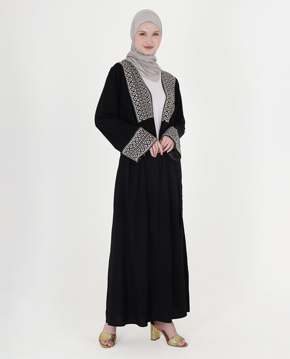 Classic Black Embroidered Open Abaya
