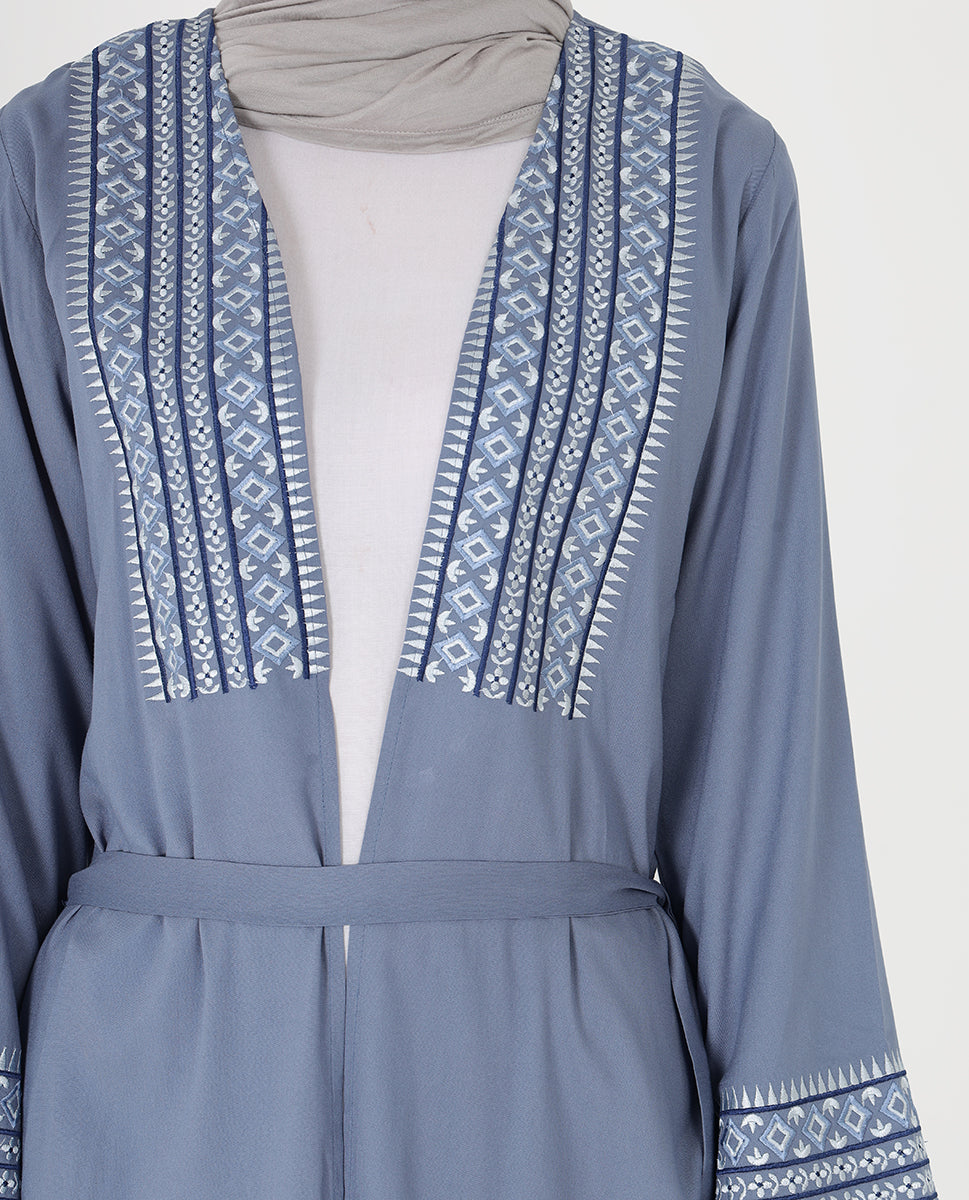 Celestial Blue Embroidered Open Abaya