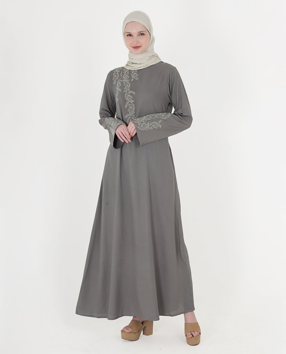 Feminine Bliss Pebble Grey Embroidered Abaya