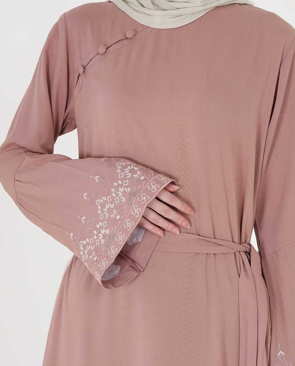 Mod Peach Embroidered Bell Sleeve Abaya