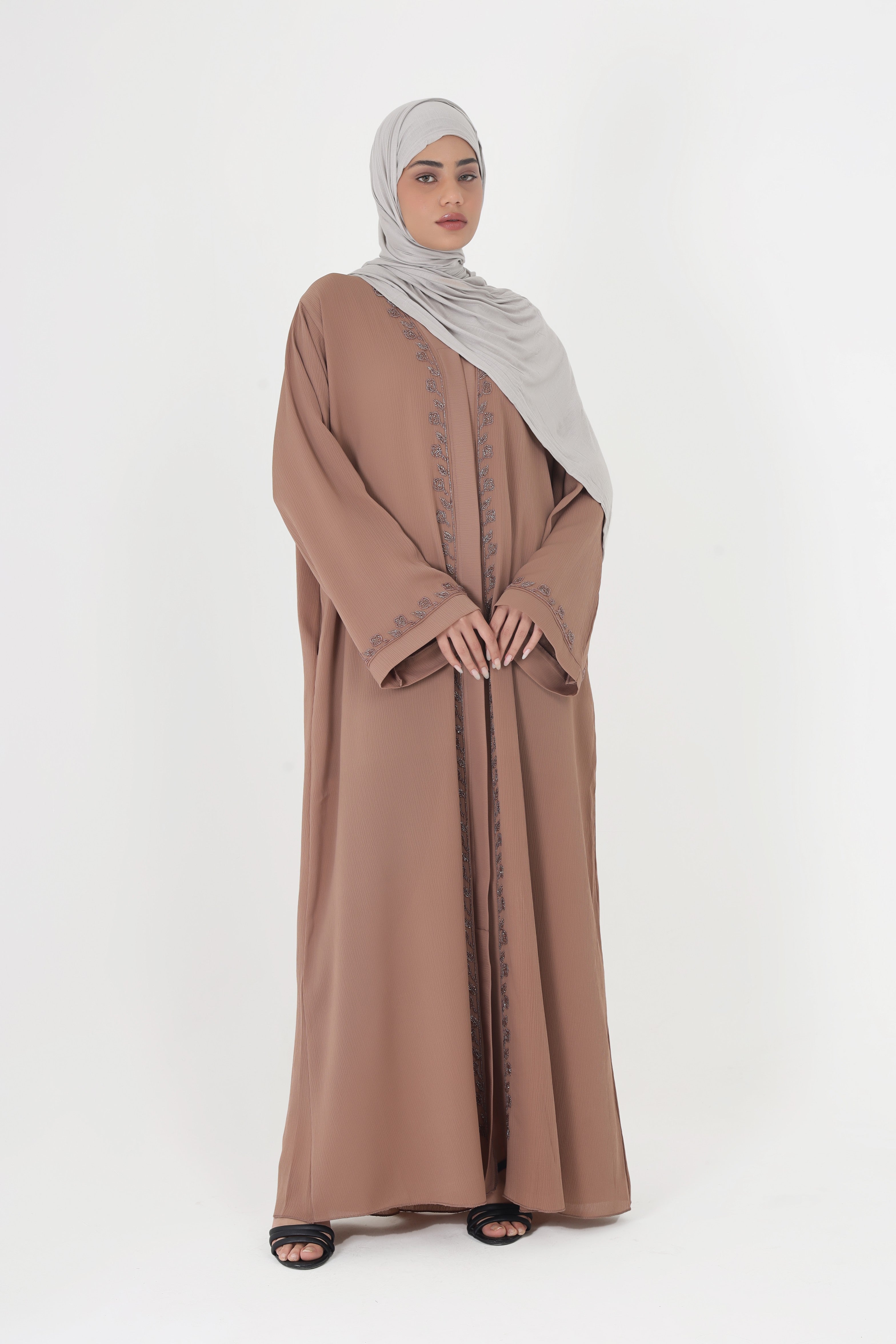 Brown Front Open Embellished Floral Ivy Abaya