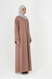 Brown Front Open Embellished Floral Ivy Abaya