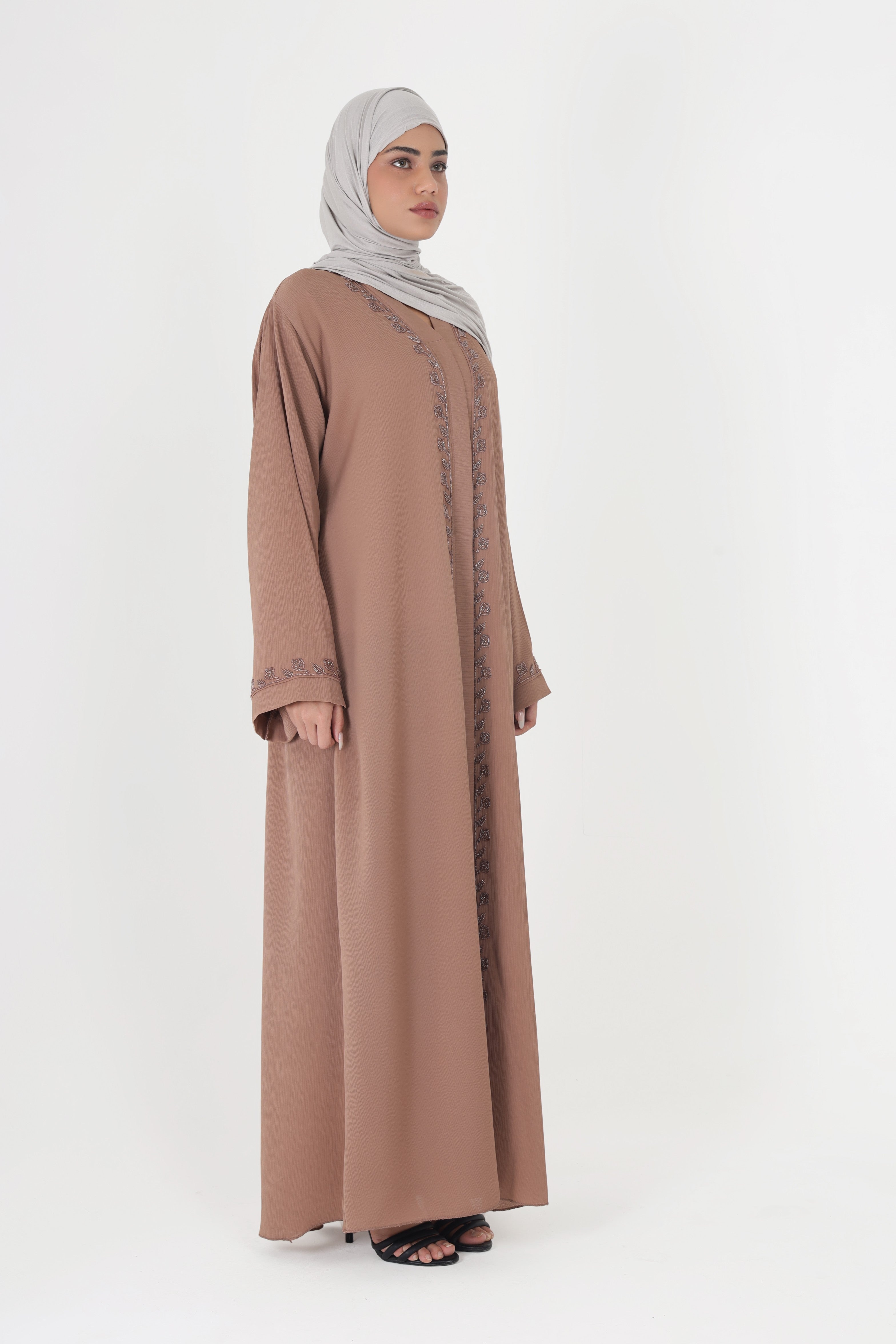 Brown Front Open Embellished Floral Ivy Abaya