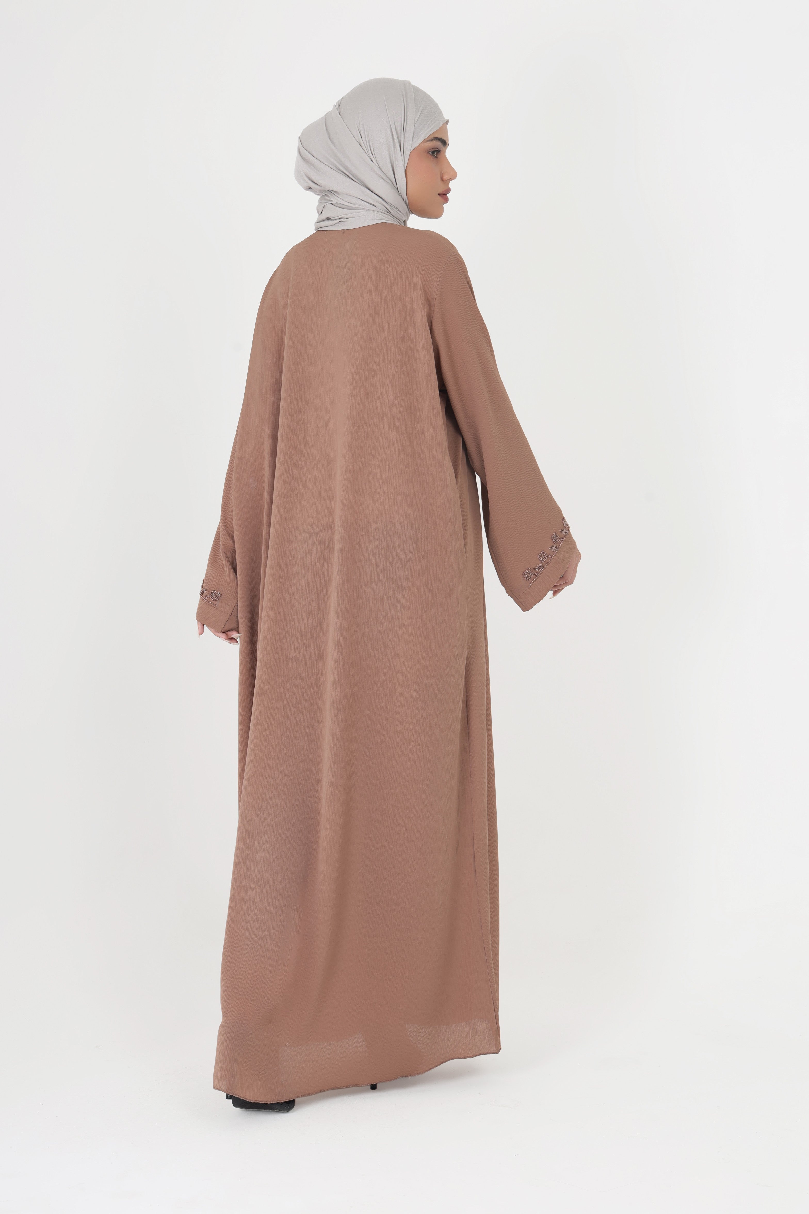 Brown Front Open Embellished Floral Ivy Abaya