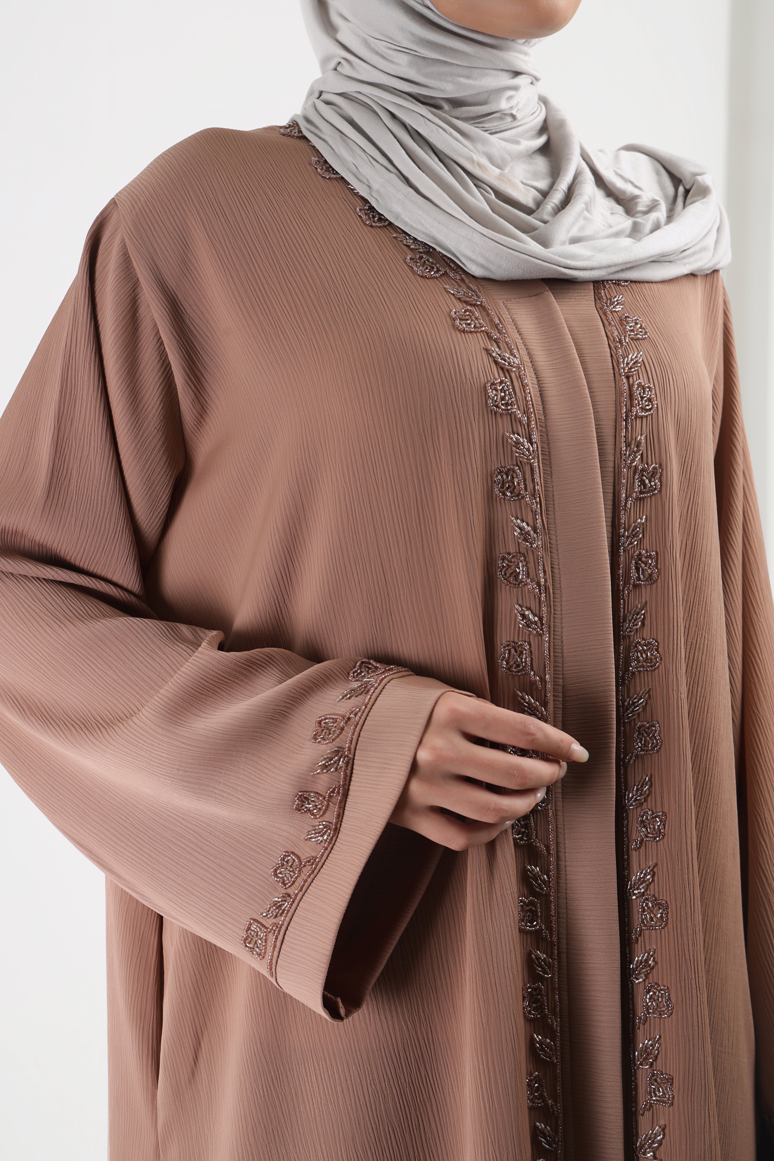Brown Front Open Embellished Floral Ivy Abaya