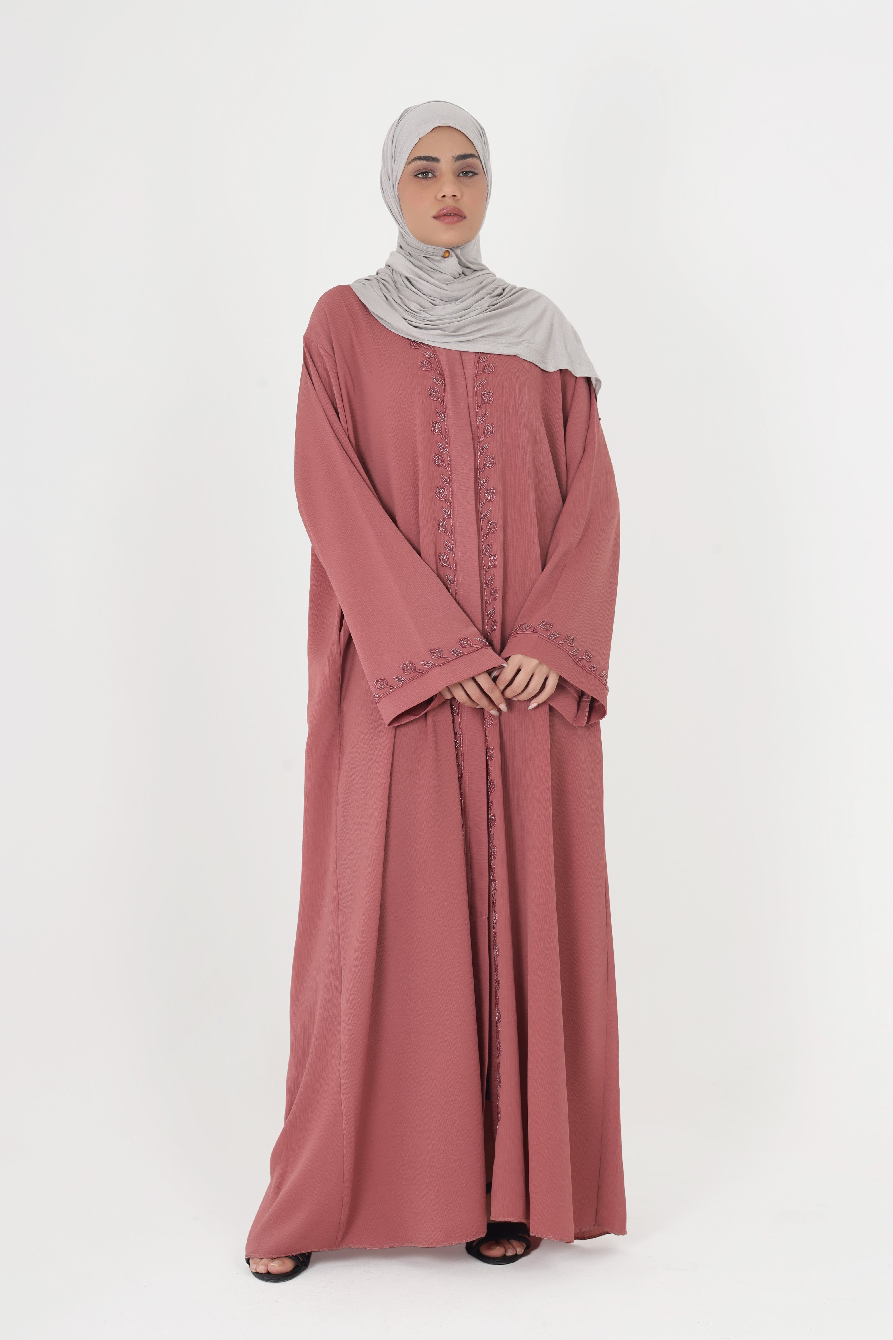 Pink Front Open Embellished Floral Ivy Abaya