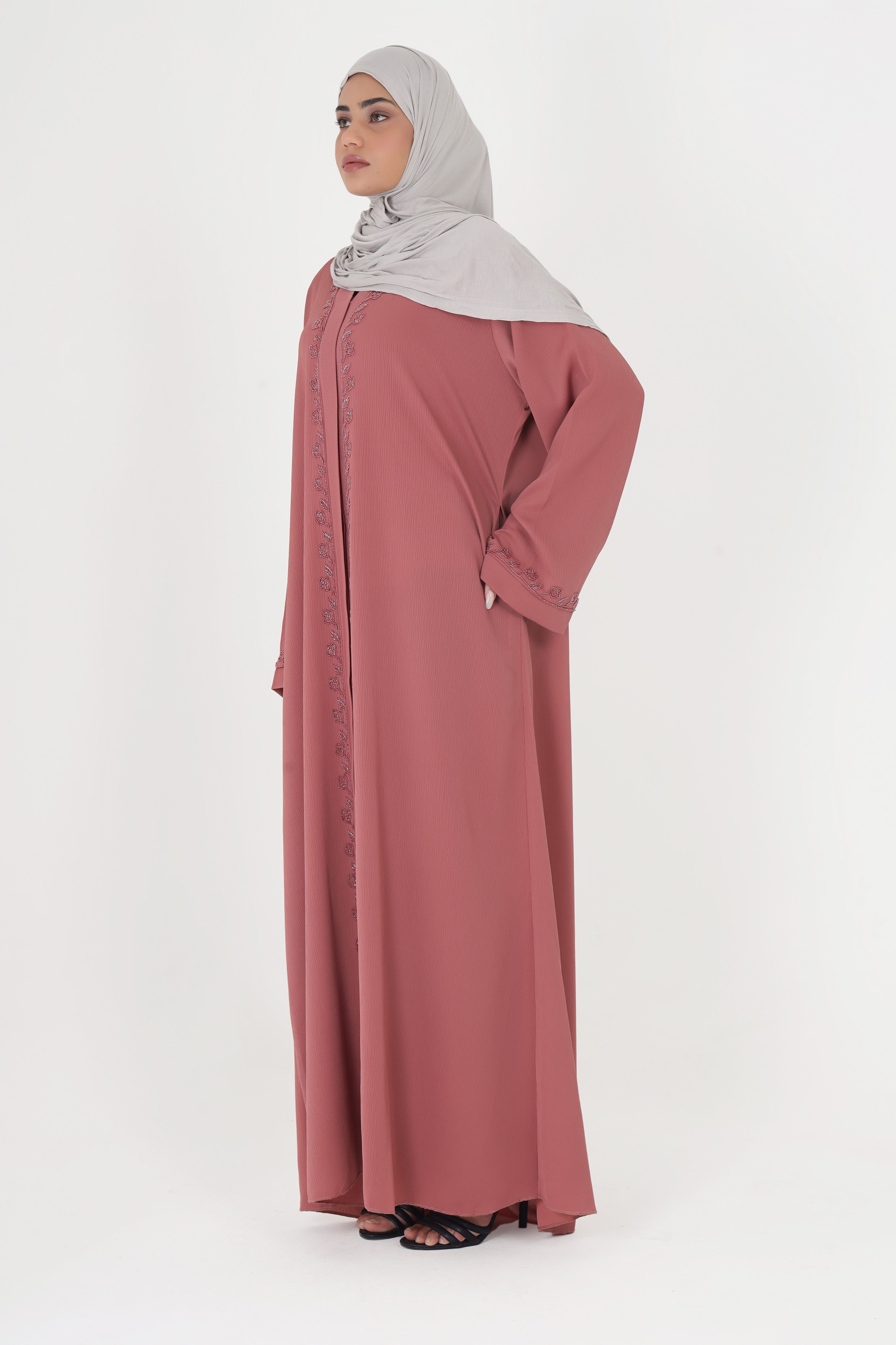 Pink Front Open Embellished Floral Ivy Abaya