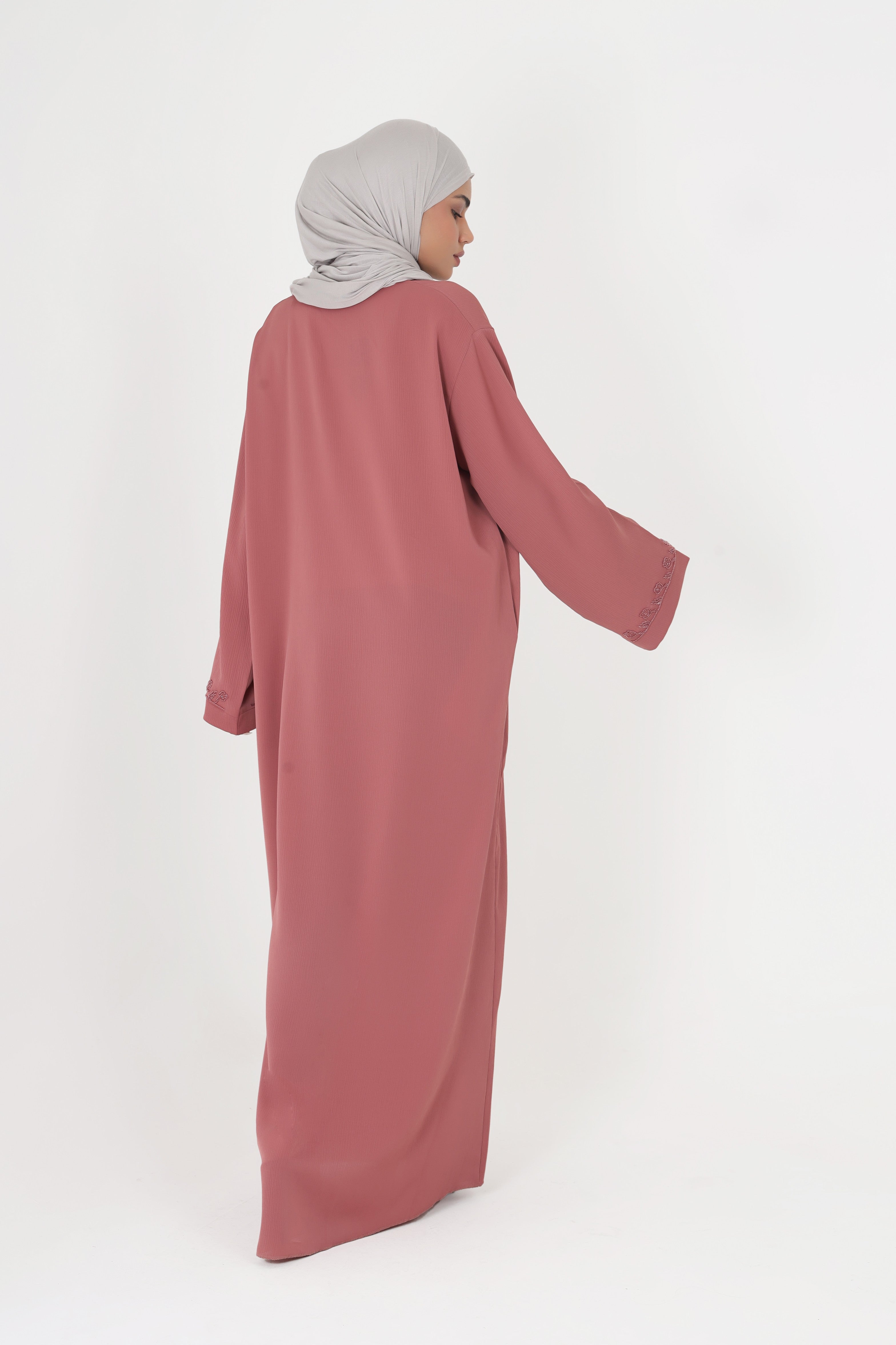 Pink Front Open Embellished Floral Ivy Abaya