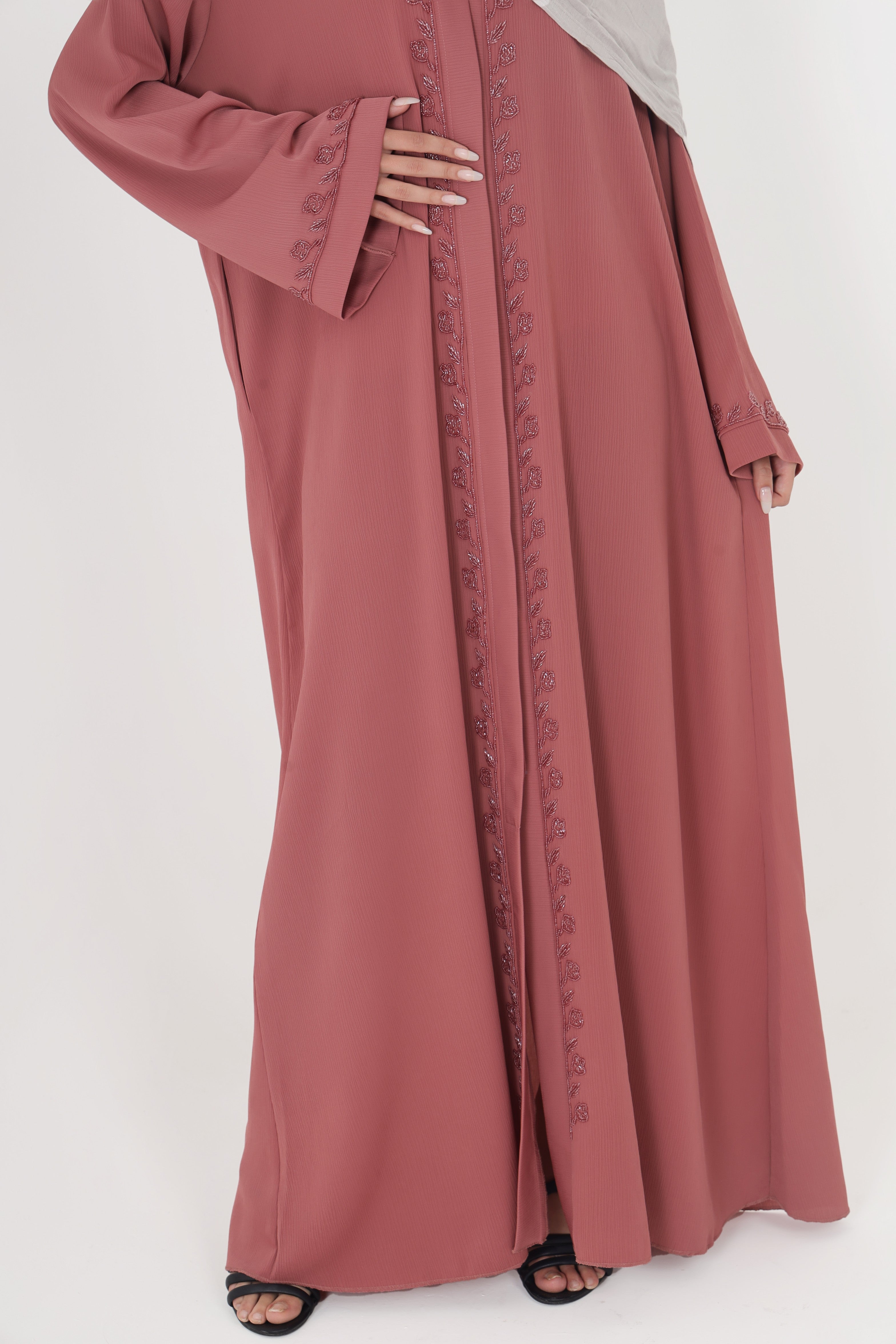 Pink Front Open Embellished Floral Ivy Abaya