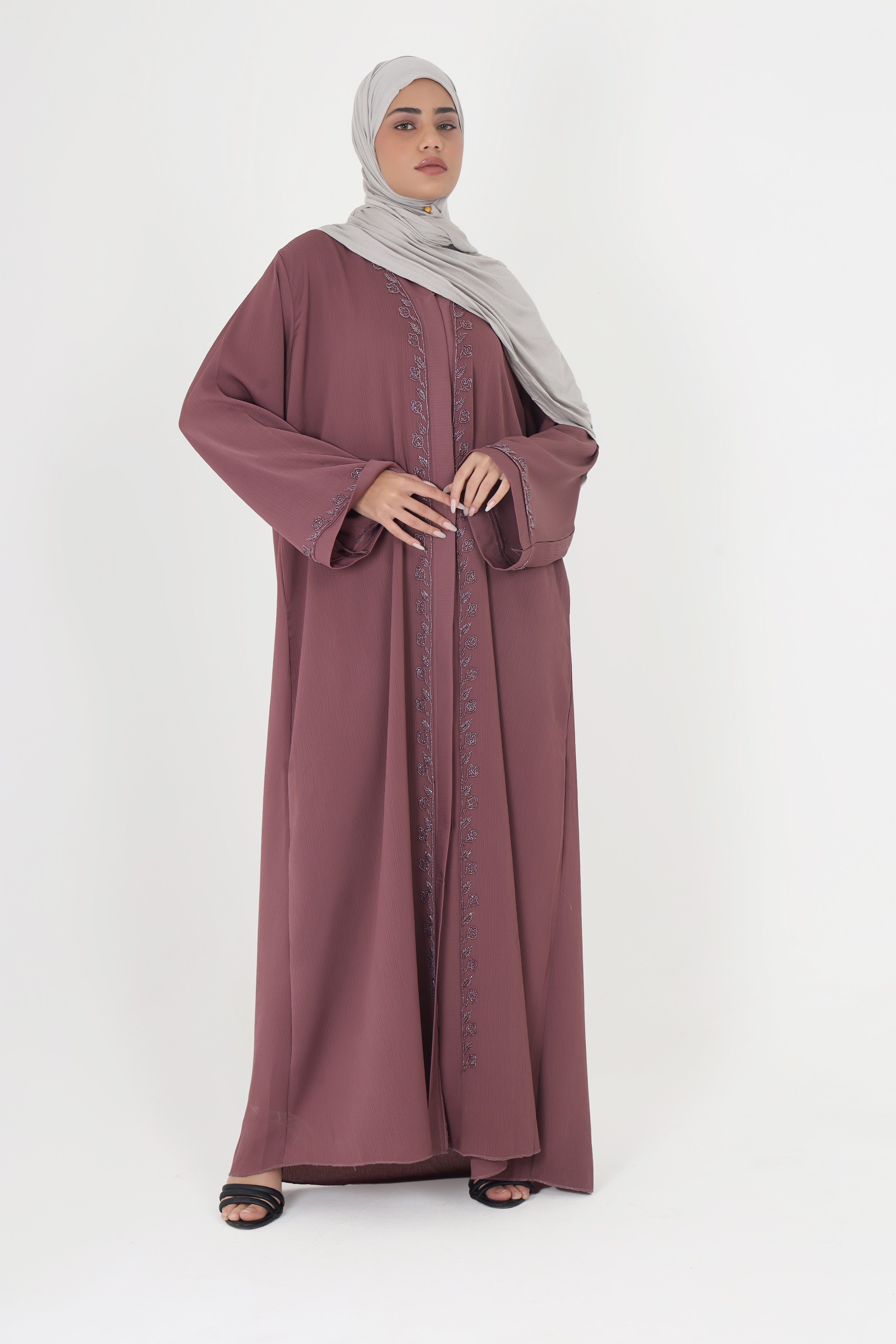 Purple Front Open Embellished Floral Ivy Abaya