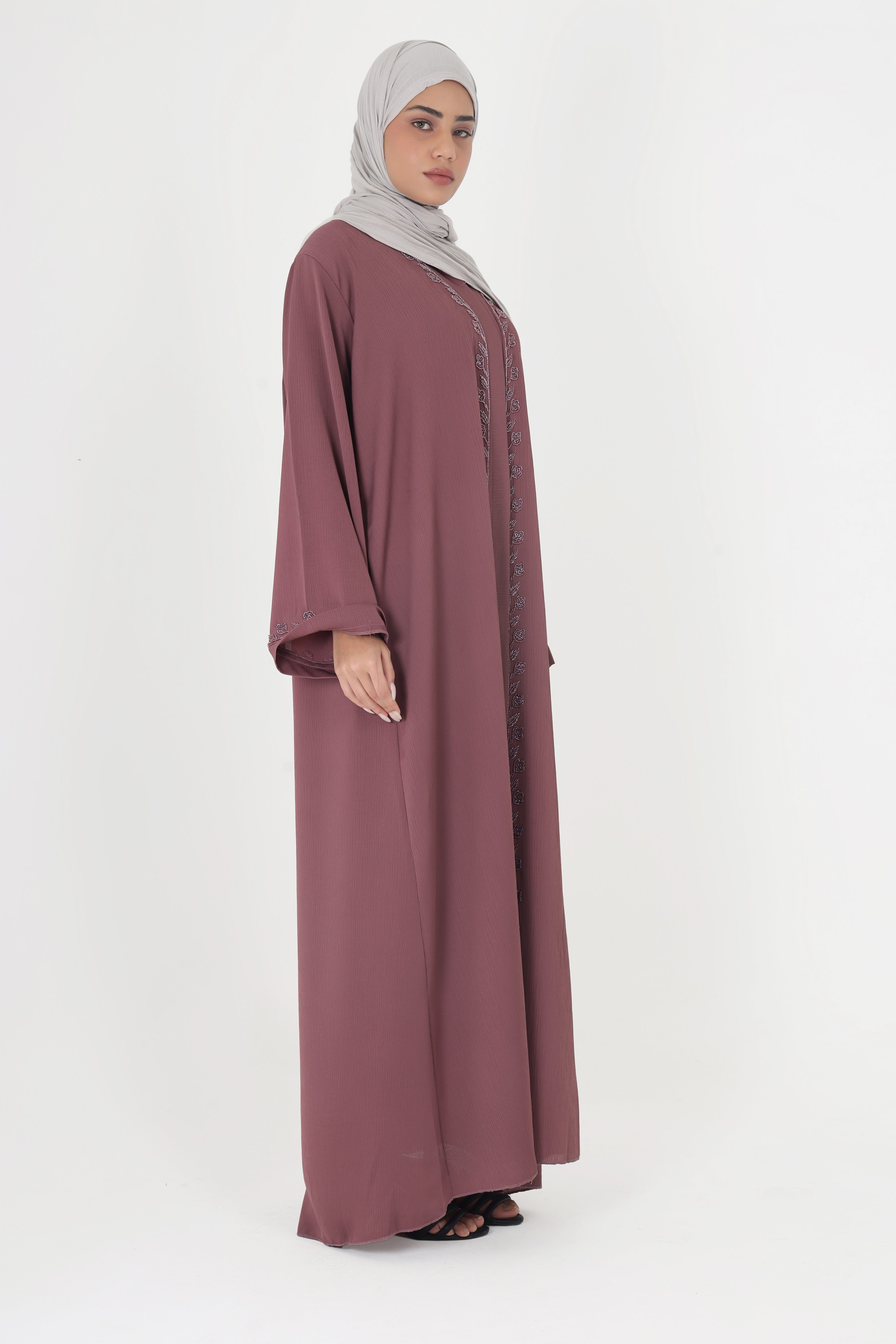 Purple Front Open Embellished Floral Ivy Abaya