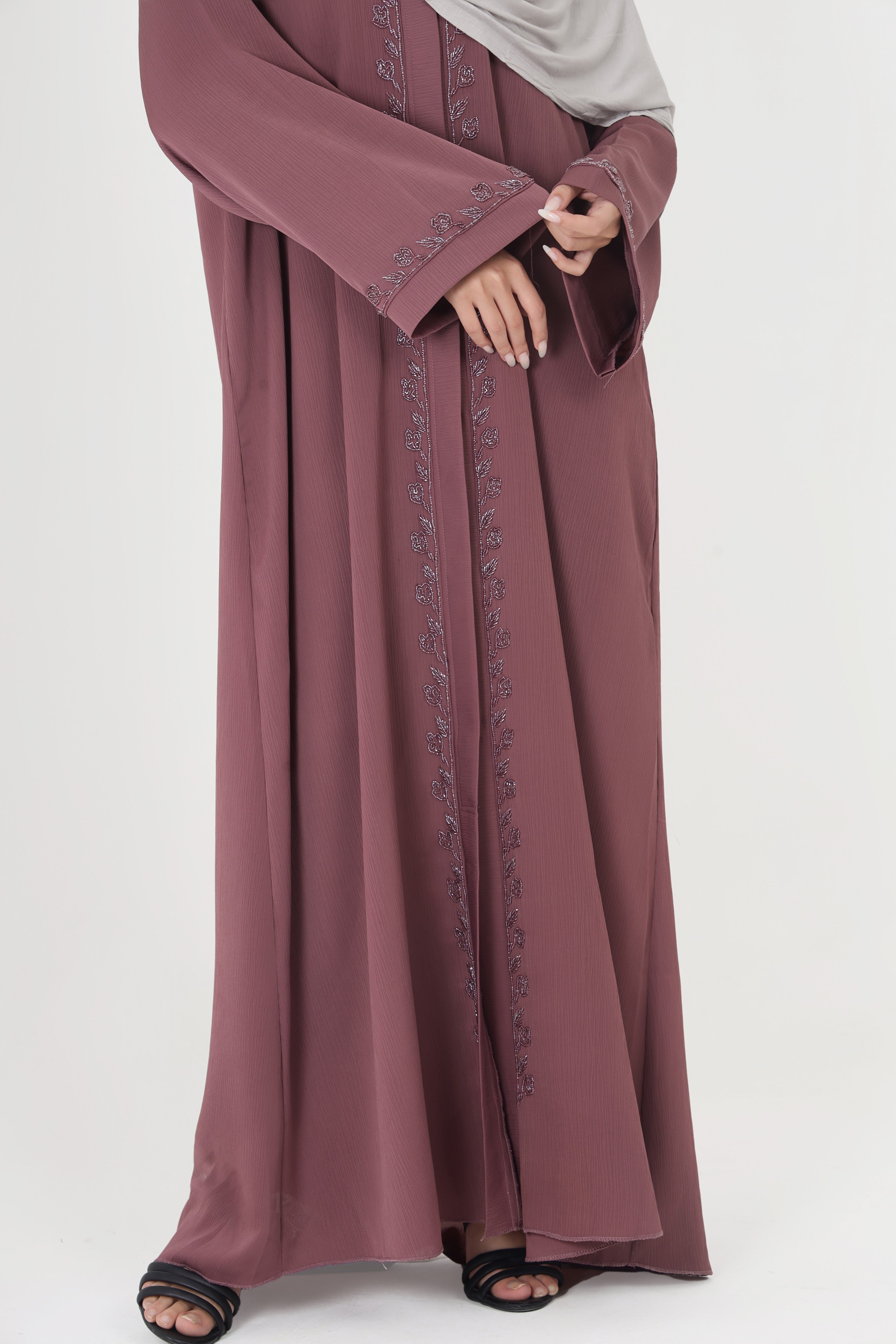 Purple Front Open Embellished Floral Ivy Abaya
