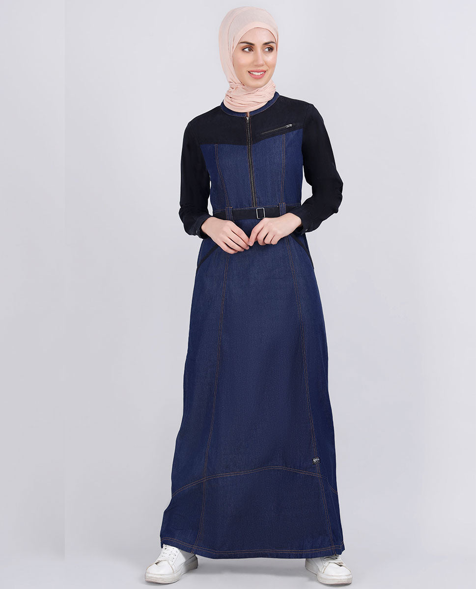 Black Contrast Belted Denim Jilbab