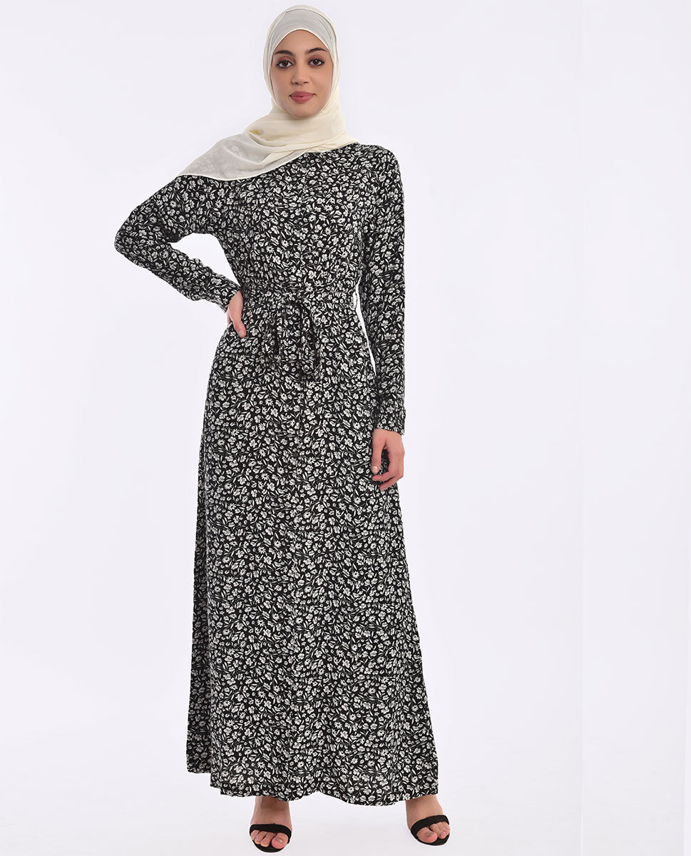Black And White Belted Abaya