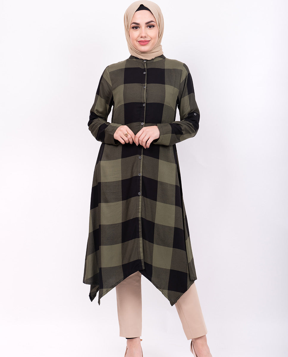 Olive Checkered High Low Shirt Dress