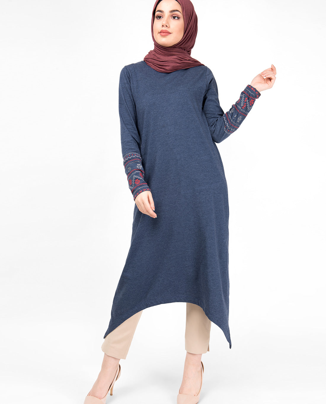 Blue Melange Embroidery Modest Top