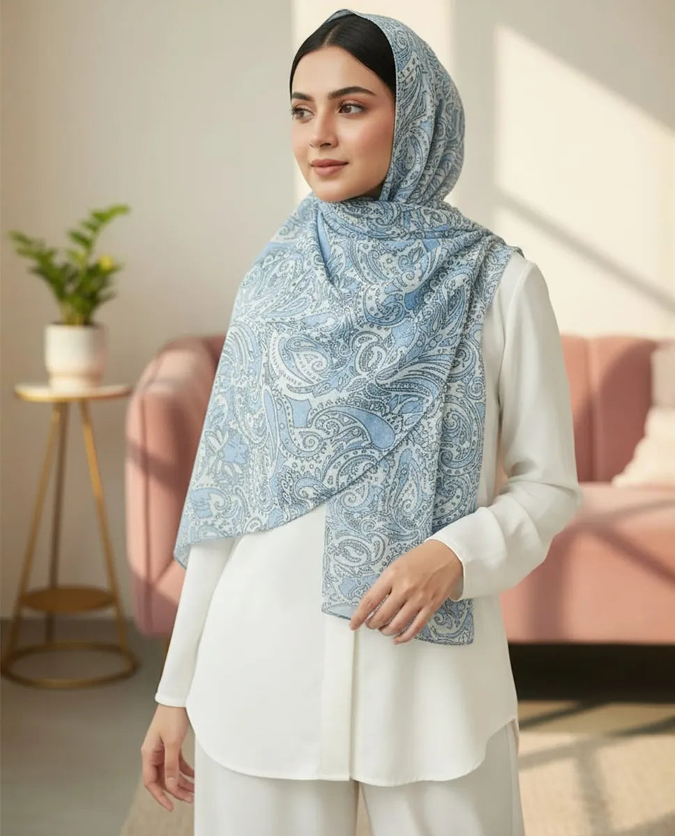 Powder Blue Paisley Printed Georgette