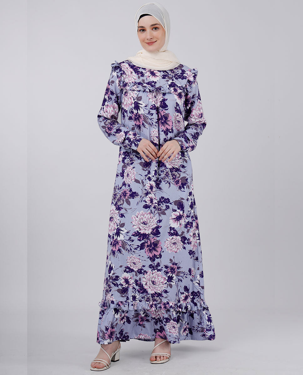 Puffed Shoulder Floral print abaya - Lavender