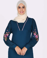 Frilled Neck Floral Emboidery Teal Abaya