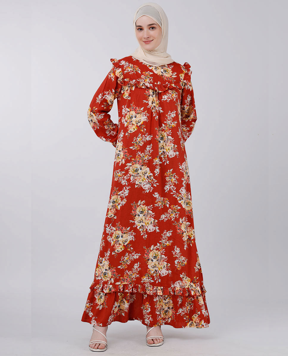 Puffed shoulder floral print abaya - Rust