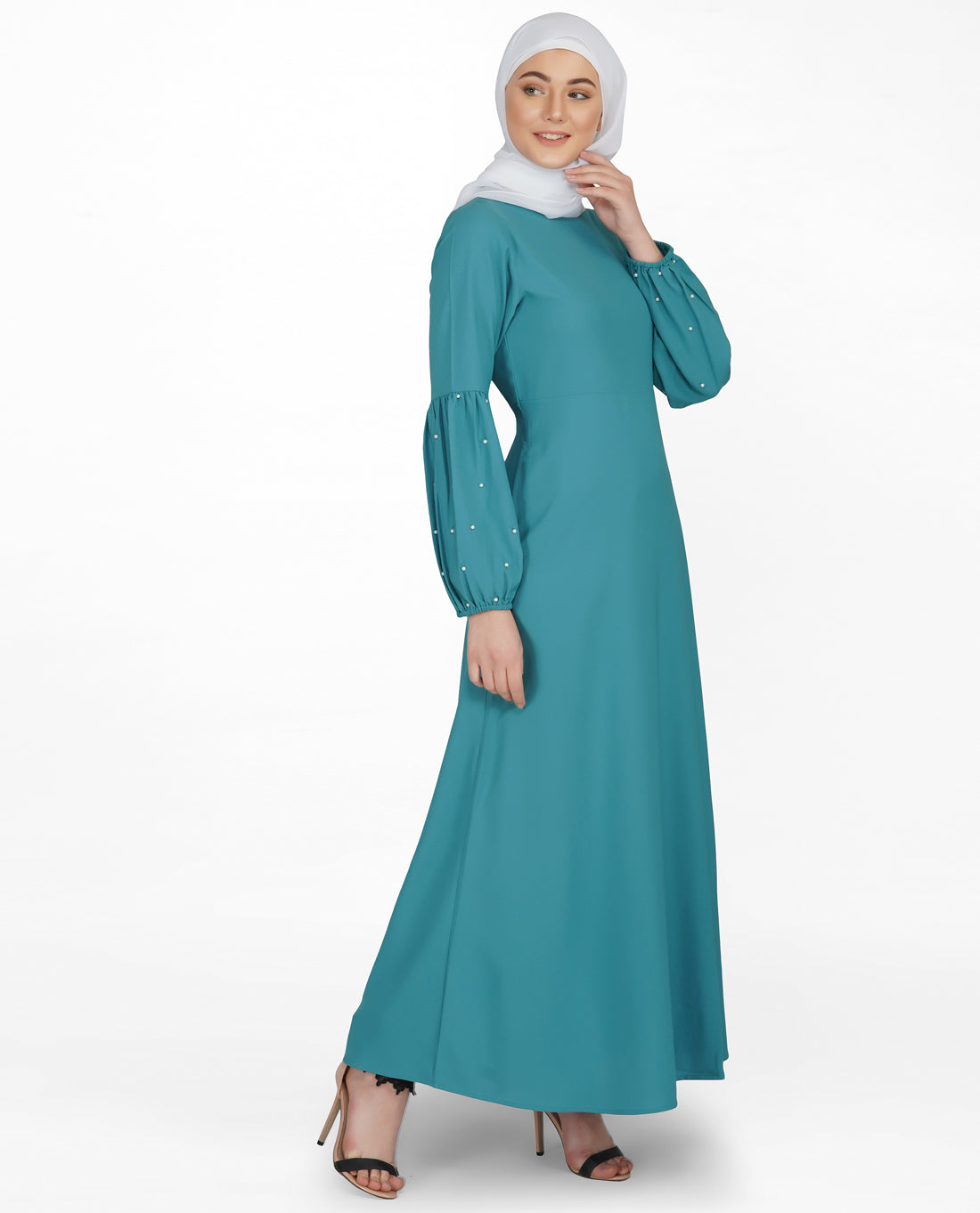 Pearl Embellished Brittany Blue Puffed Sleeve Abaya