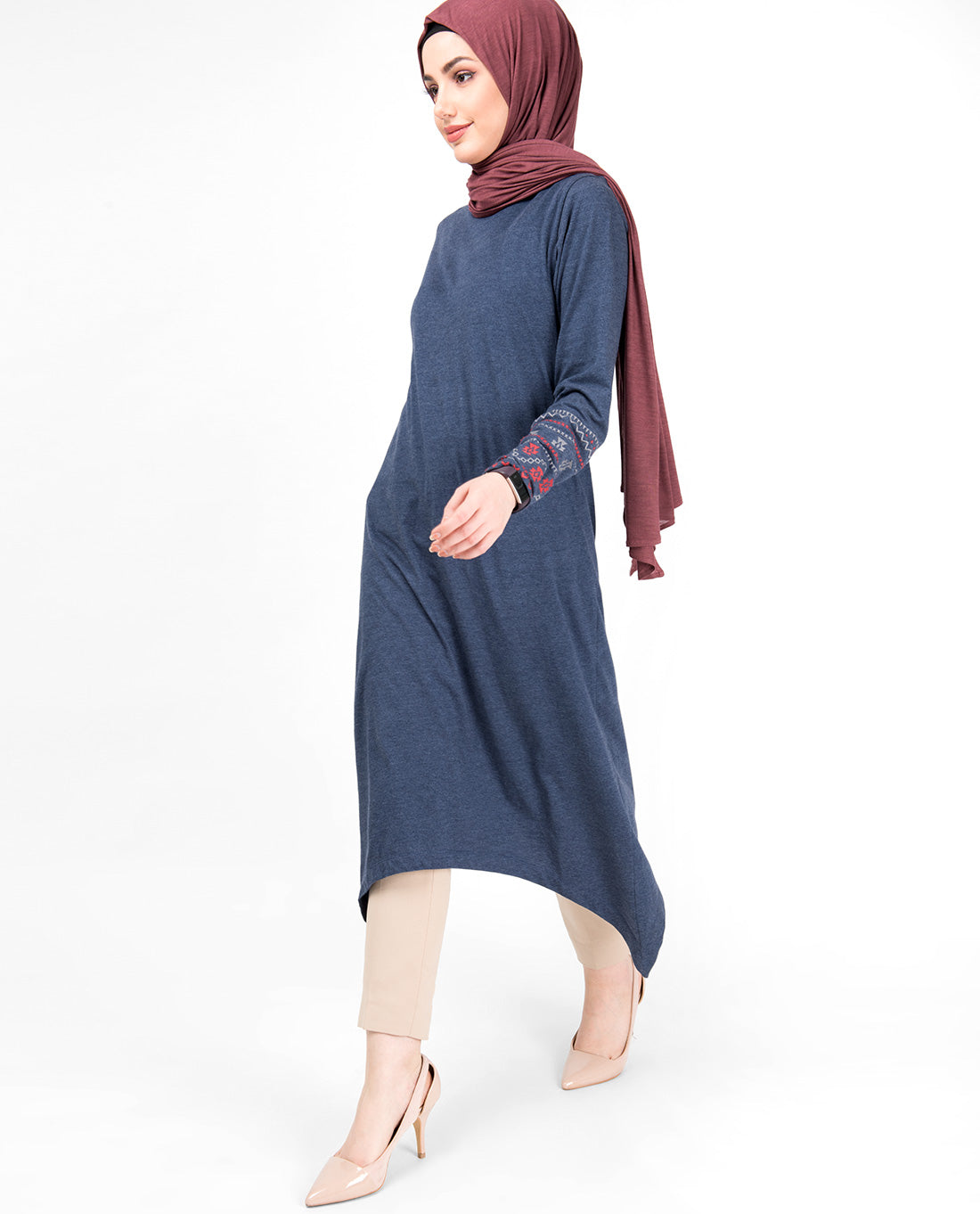 Blue Melange Embroidery Modest Top