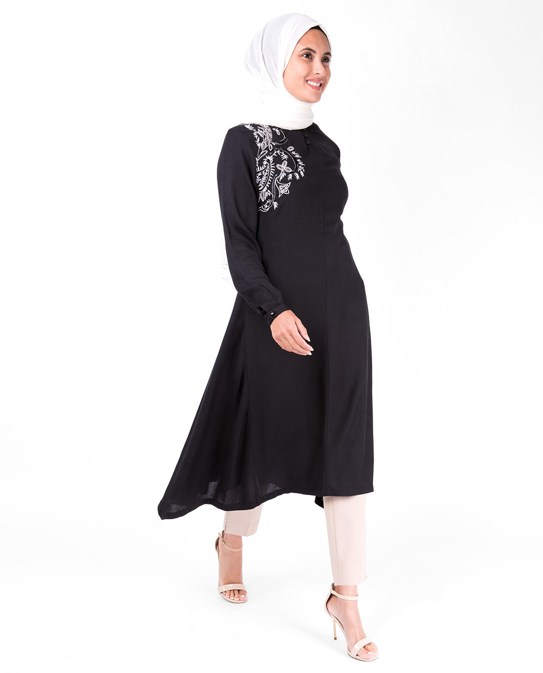Black Mandarin Collar Embroidery Midi