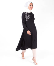Black Mandarin Collar Embroidery Midi