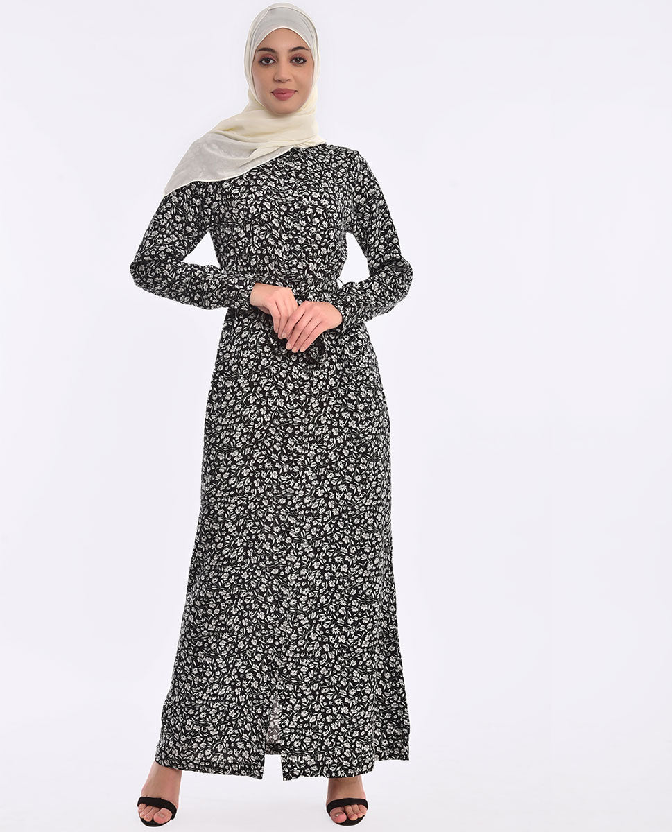 Black And White Belted Abaya