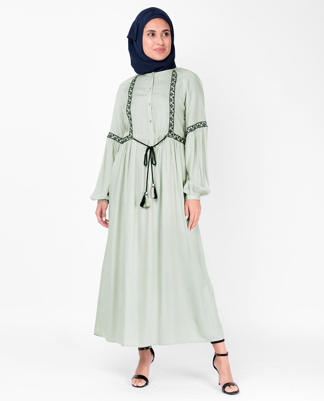 Embroidered Sea Fog Drawstring Midi Dress