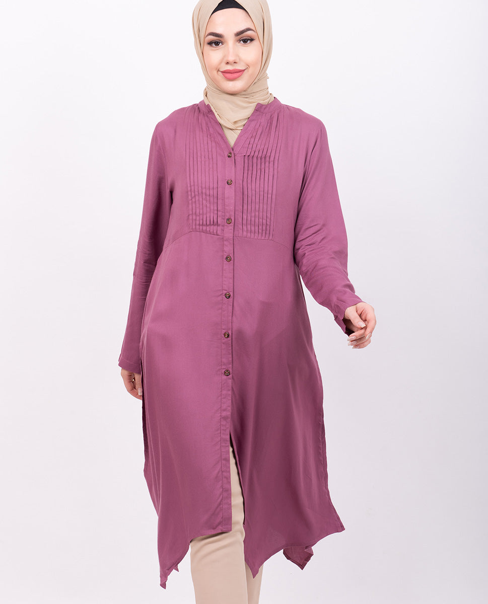 Pink Pleated High Low Shirt Dress