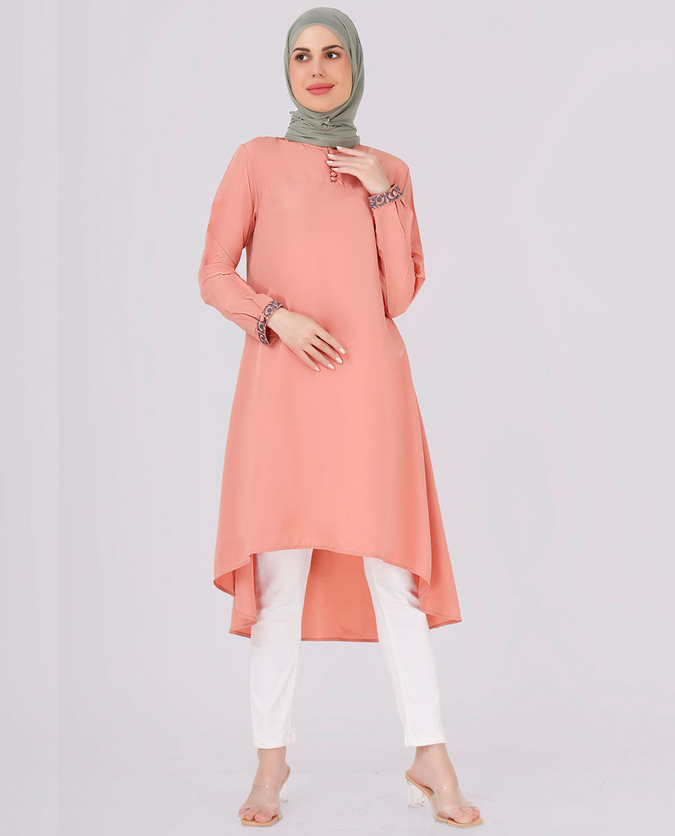 Peachy Pink Embroidered High Low Top