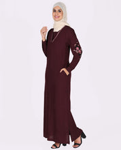 Frilled Neck Floral Embroidery Burgundy Abaya