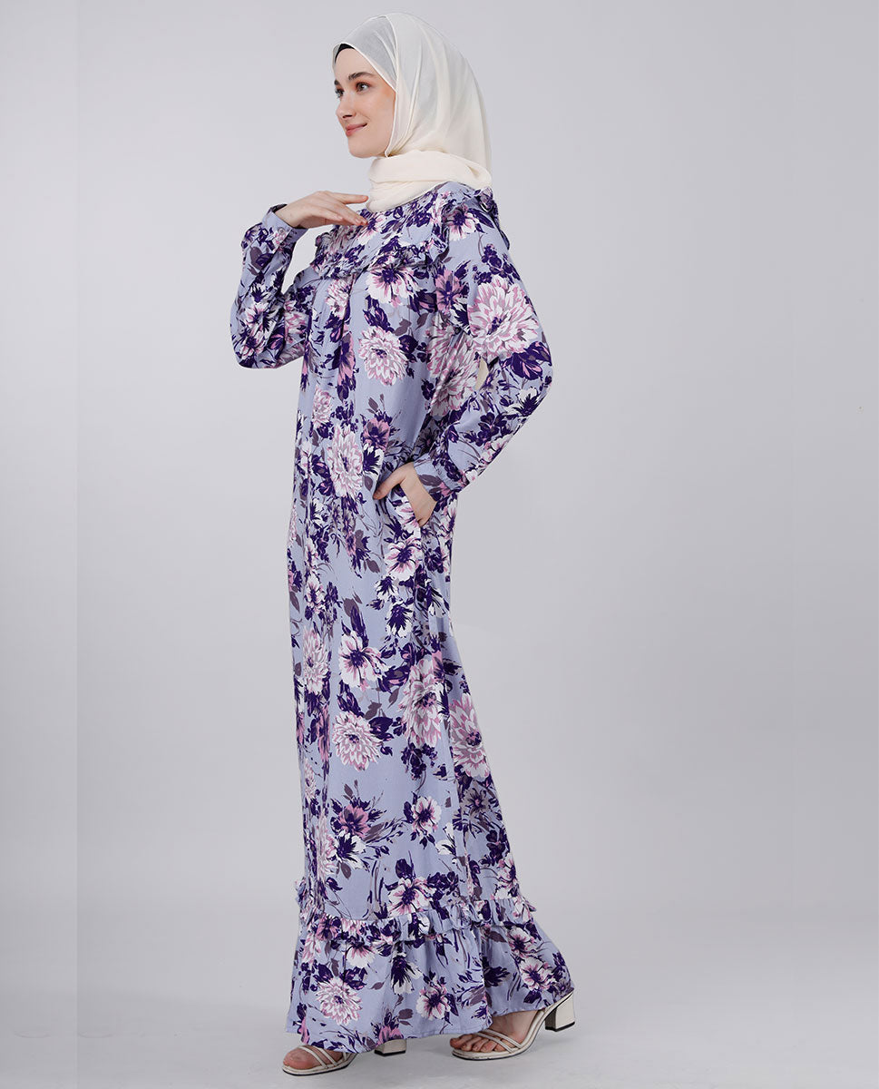 Puffed Shoulder Floral print abaya - Lavender