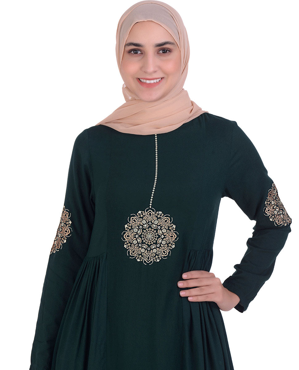 Forest Green With Gold Embroidery Abaya