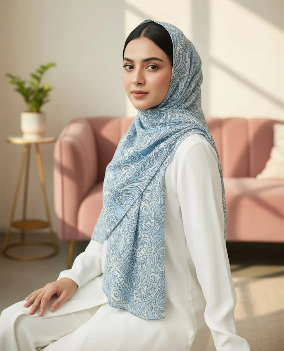 Powder Blue Paisley Printed Georgette