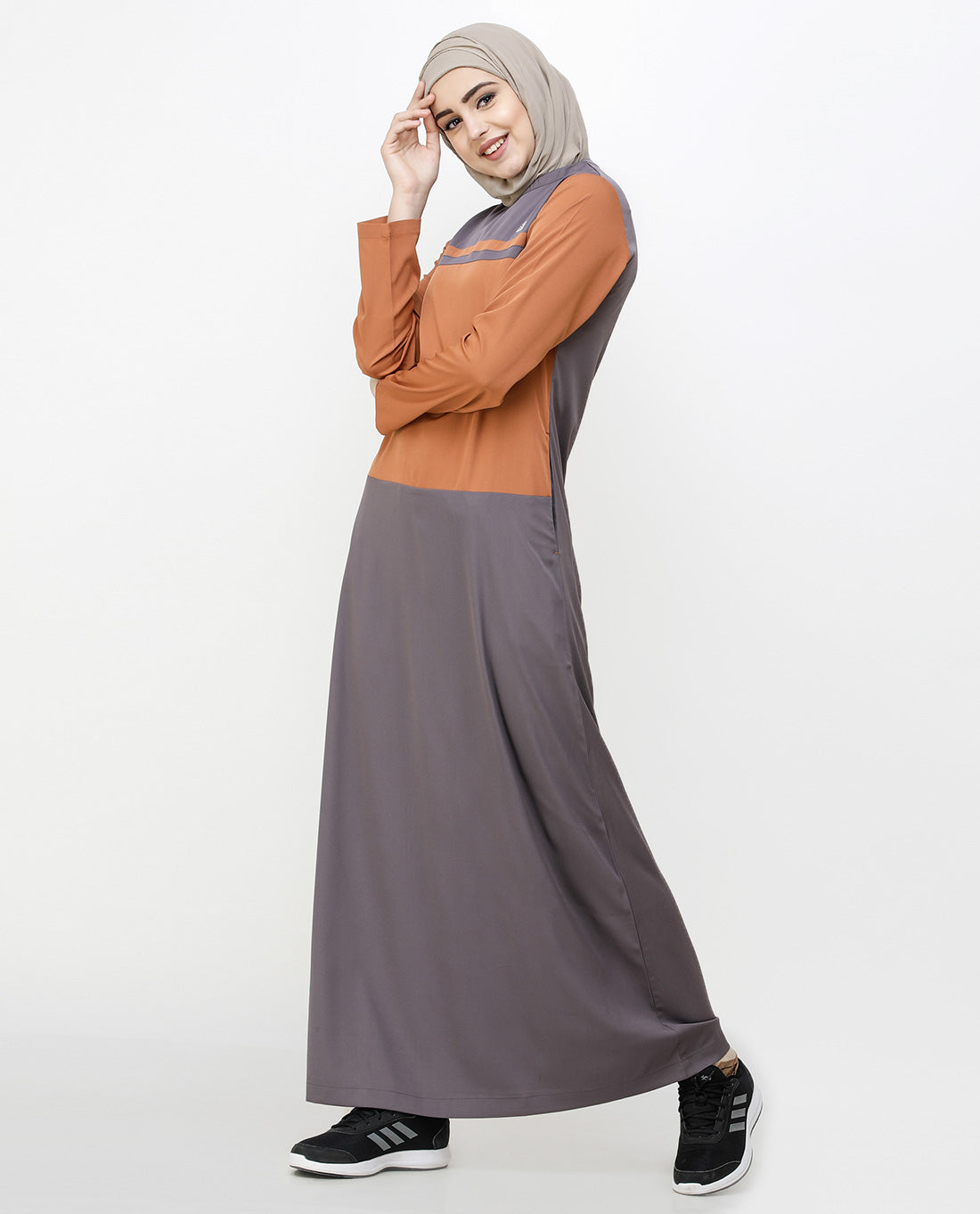 Rabbit Grey & Brown Shoulder Button Jilbab