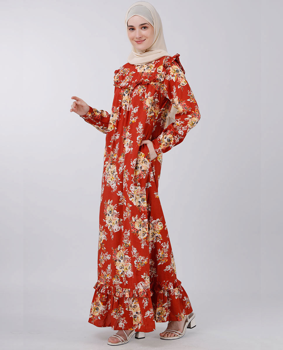 Puffed shoulder floral print abaya - Rust