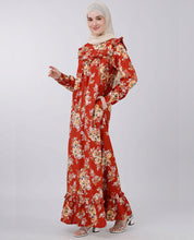 Puffed shoulder floral print abaya - Rust