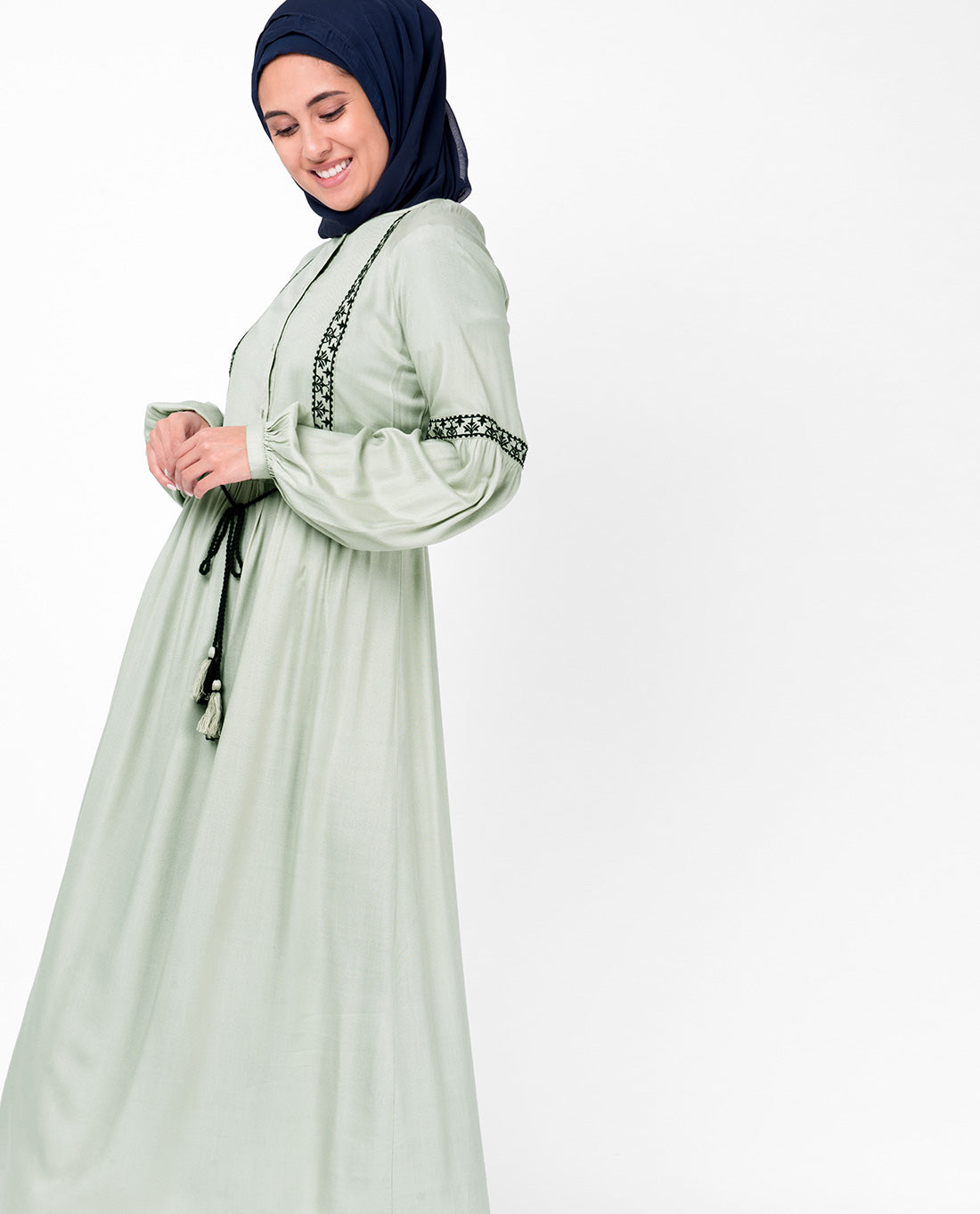 Embroidered Sea Fog Drawstring Midi Dress