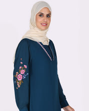 Frilled Neck Floral Emboidery Teal Abaya
